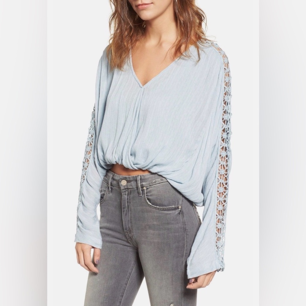 Free People Runaway Crochet Blouse Sky Blue M NWT Boho Cropped